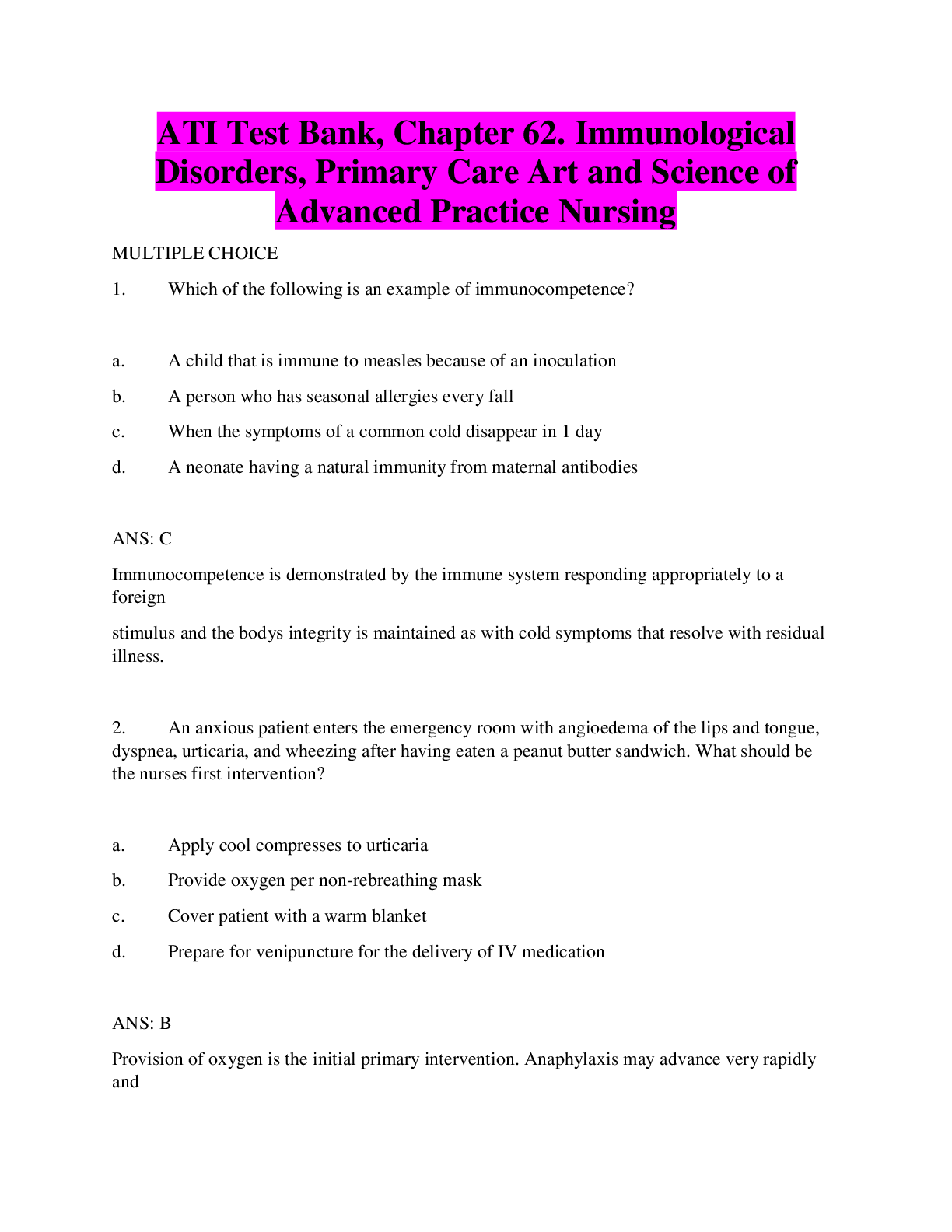 Preview image for ATI Test Bank, Chapter 62. Immunological Disorders, Primary Care Art and Science of Advanced Practice Nursing